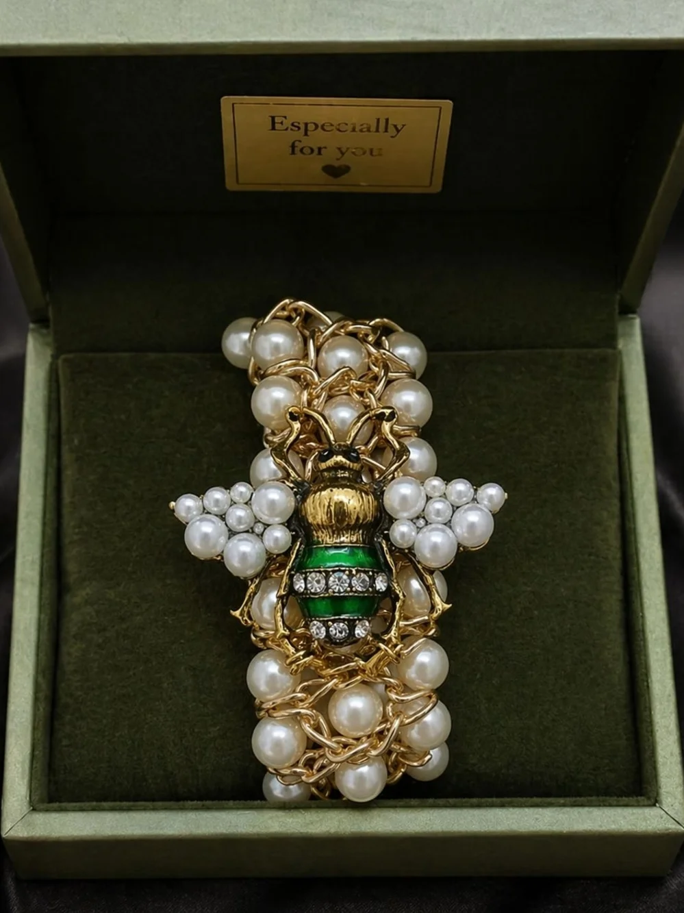 Gold Pearl Bracelet with Green Bee Charm - Picture 2 of 4